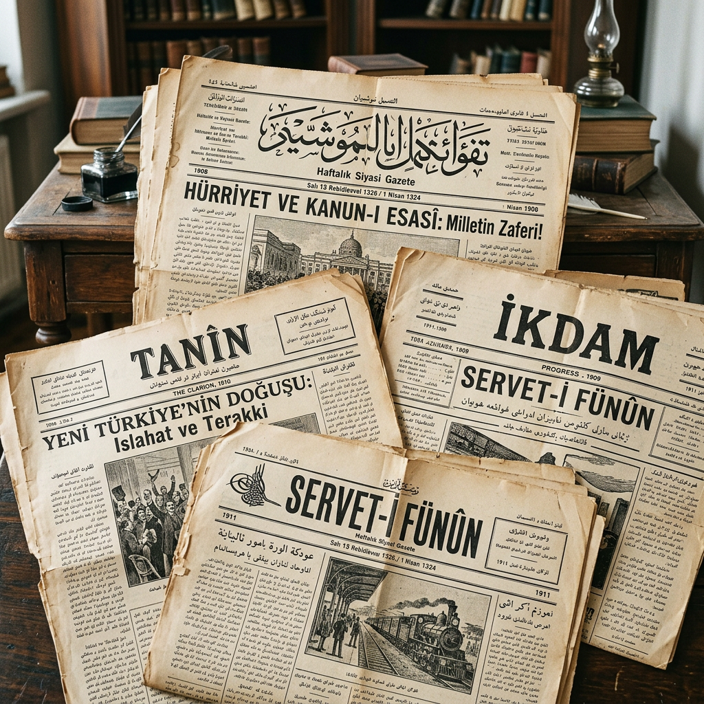 Four vintage Turkish newspapers from early 1900s with headlines and illustrations.
